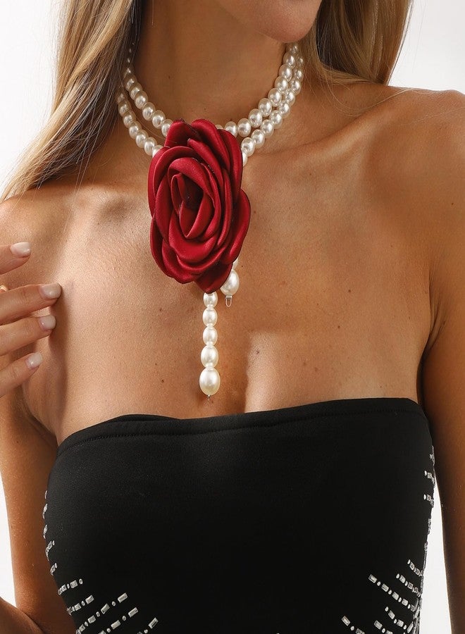 IS4U Rose Choker Necklace for Women Vintage Baroque Pearl Layers Necklace Exaggerated Flowers Pearl Necklaces Fashion Wedding Party Jewelry (Red) - Image 3